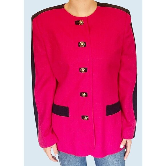 Vintage SASSON Paris New York Blazer Jacket Pink Navy 80s / 90s Size Small - Picture 2 of 8